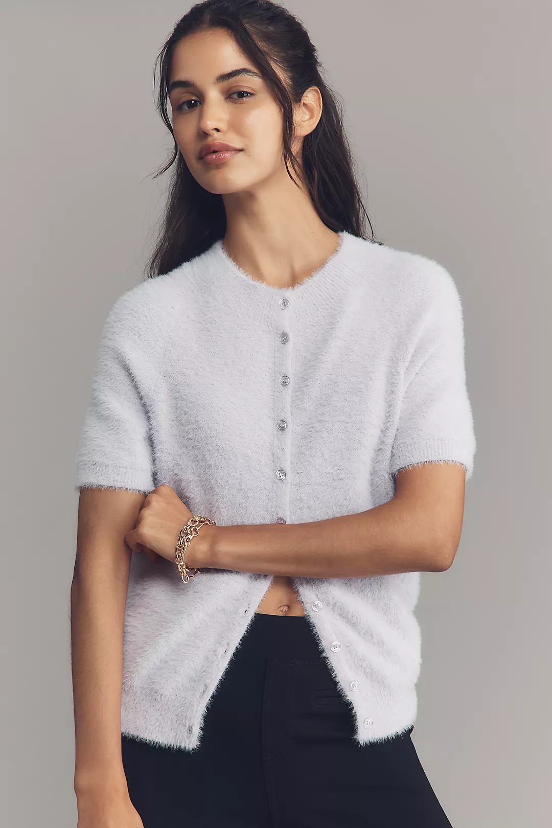 By Anthropologie Short-Sleeve Eyelash Cardigan Sweater