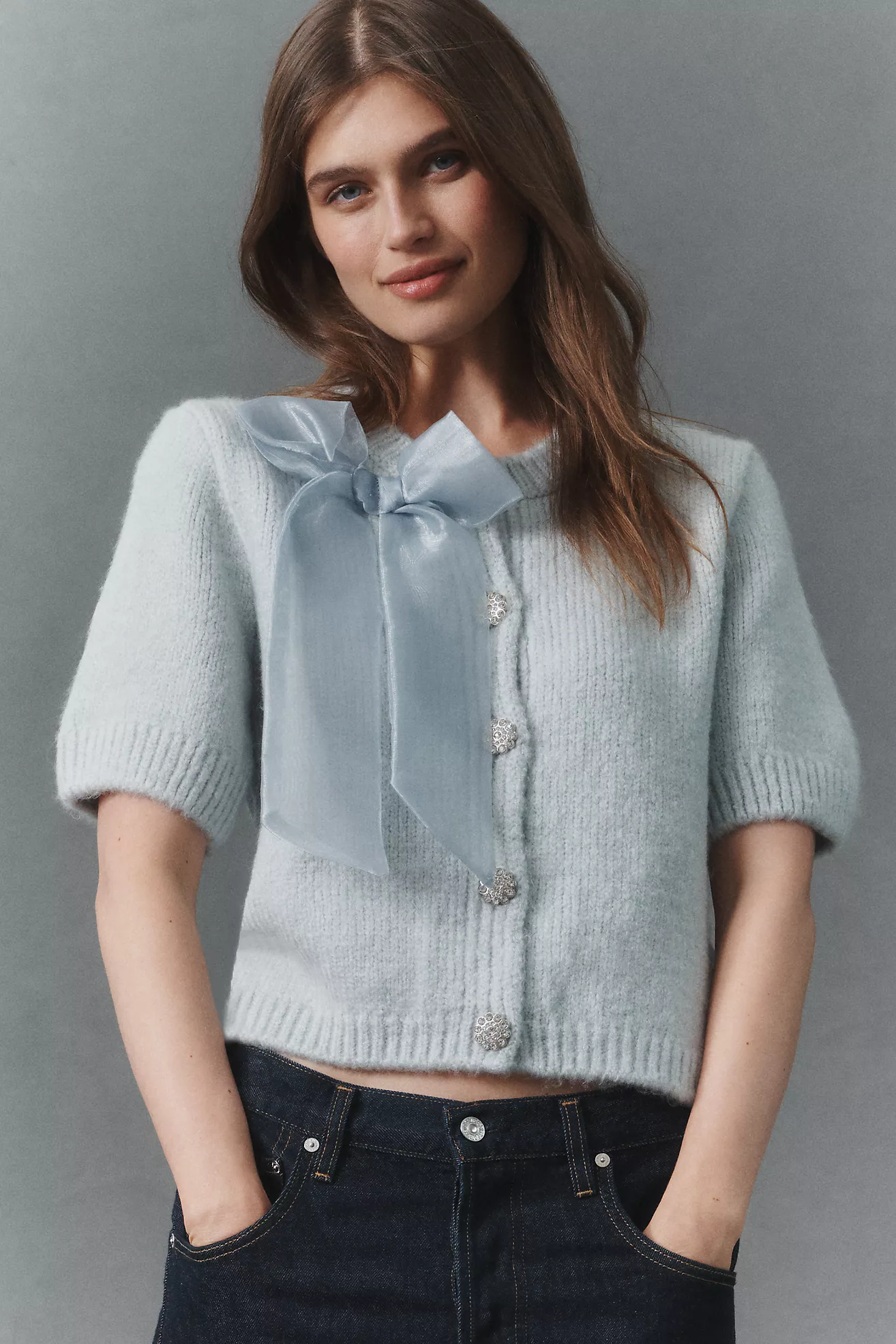 Maeve Short-Sleeve Bow Cardigan Sweater