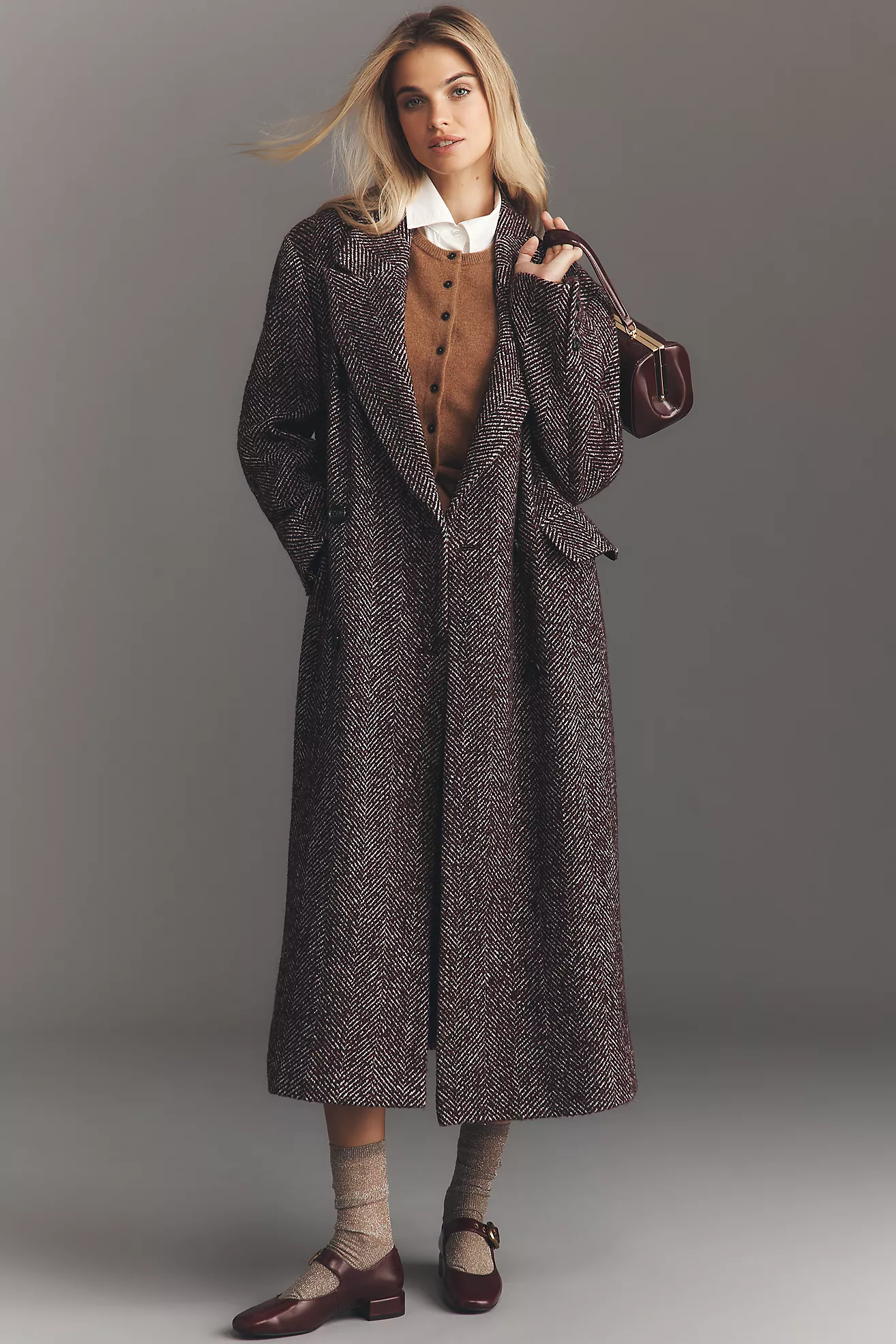 By Anthropologie Herringbone Wool-Blend Oversized Coat