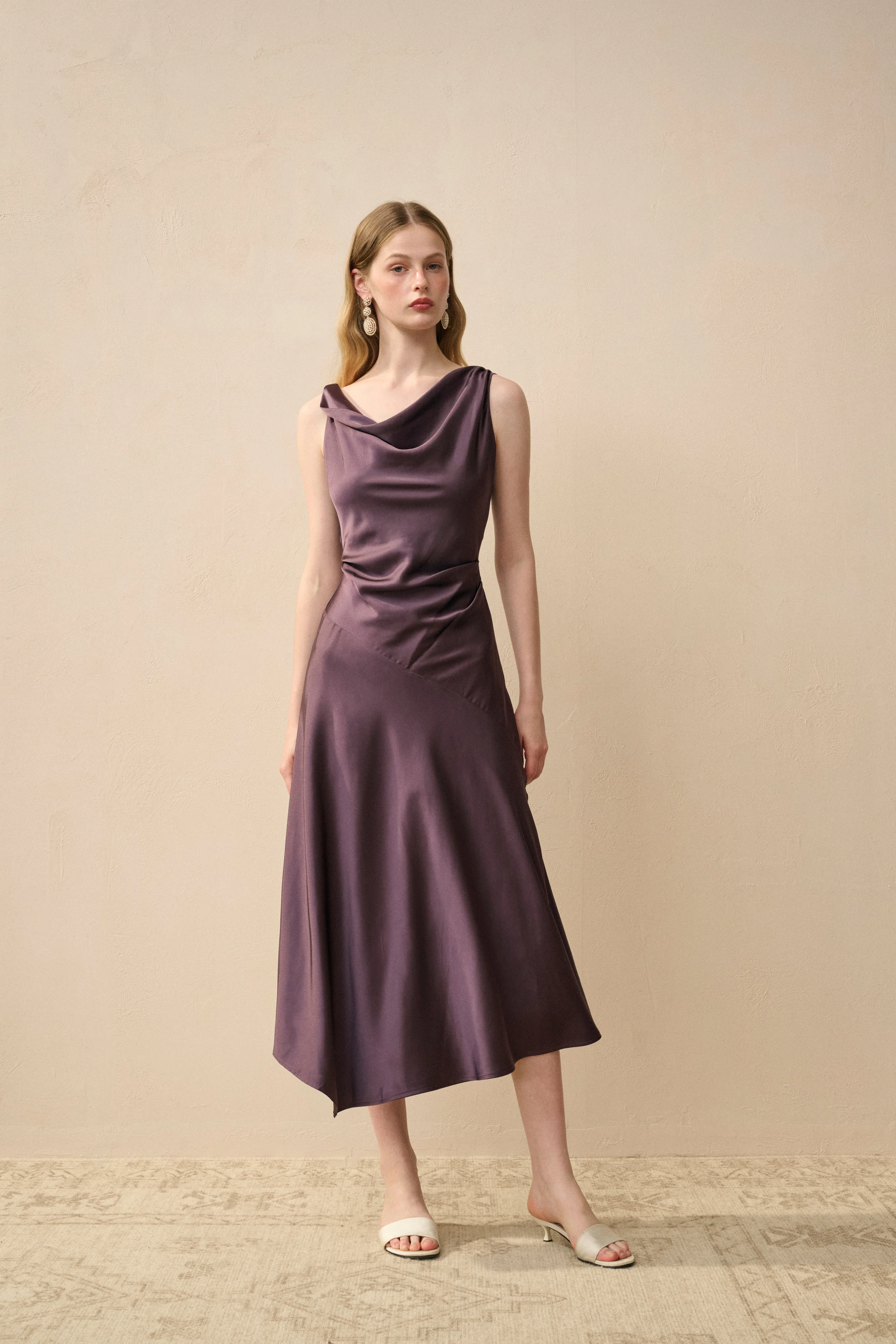 Cowl neck satin midi dress