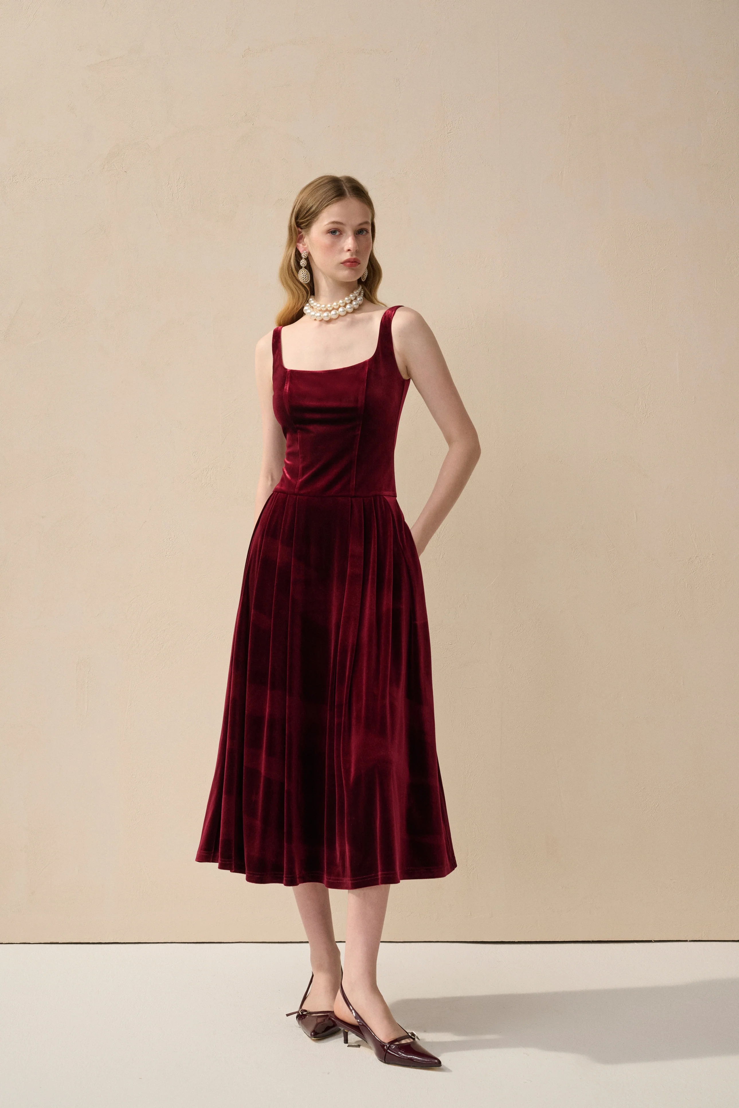 Velvet square neck midi dress